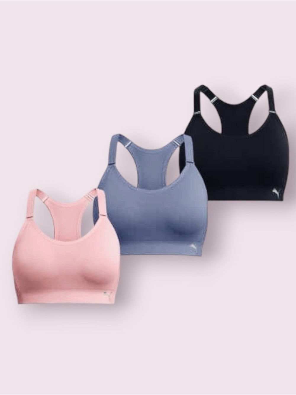 PUMA 3 Pack Medium Impact Seamless Sports Bras in Pink, Blue, and Black